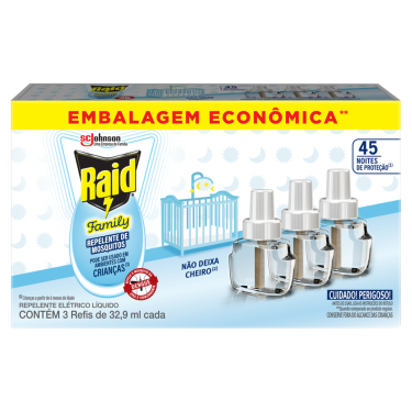 Inseticida 45 Noites Family Apar.+3 Refil Raid 32,9ml (nao vem aparelho)