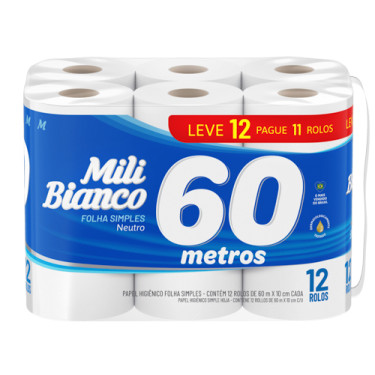 Papel Higiênico Mili Folha Simples 60M Lv12Pg11