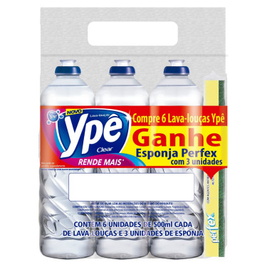 Pack Detergente Ype 500ML Clear 6 Unid Gratis Esponja
