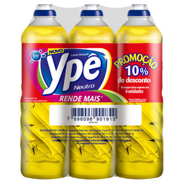 Detergente Ypê Líquido 500ml Neutro 6 unidades 10% Desconto